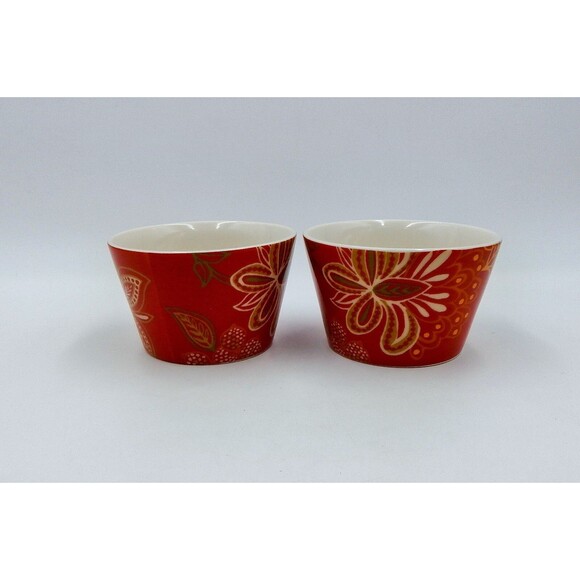 222 FIFTH Koson Spice Dark Porcelain Appetizer Bowls Set of 2 Red Floral Leaves - Picture 4 of 7